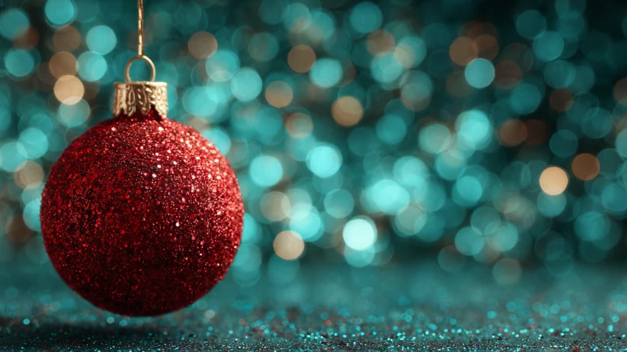 Una vivace decorazione natalizia rossa appesa su uno sfondo acqua scintillante, che mette in risalto lo spirito festivo con effetti bokeh luccicanti e allegria natalizia