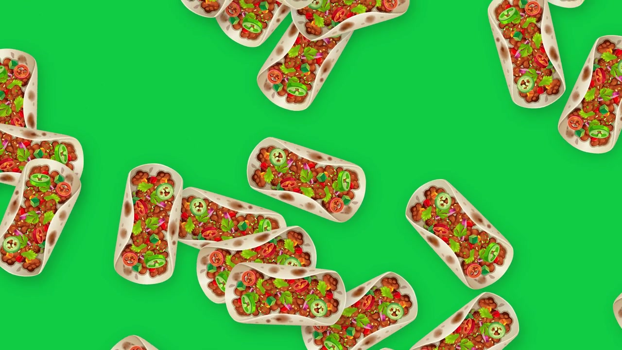 Animerede tacos falder på greenscreen baggrund