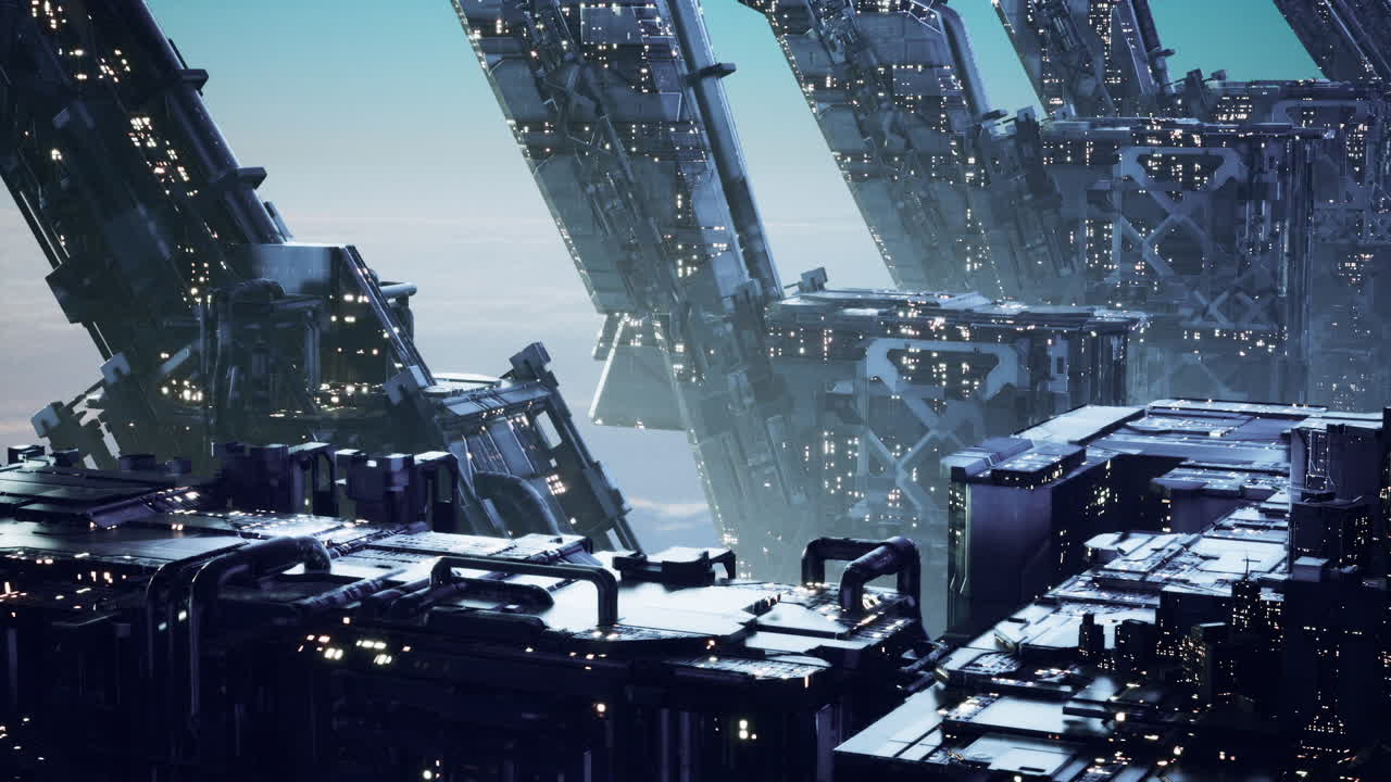 Futuristic cityscape with towering structures in the vibrant sky