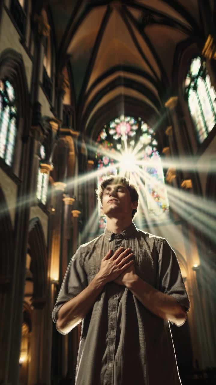 A serene video scene with a low-angle shot of a person looking upward, hands on chest, bathed