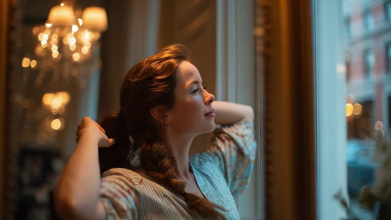 Donna che ammira il panorama dalla finestra in un ambiente interno elegante.
