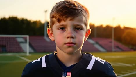 young boy football player standing on the field