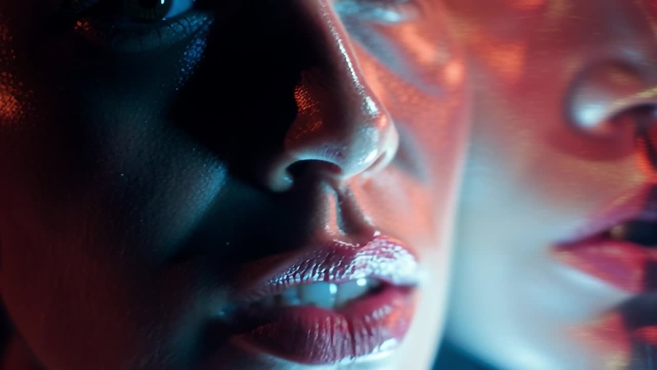 Close-up do rosto de uma mulher com iluminação colorida em um ambiente escuro.