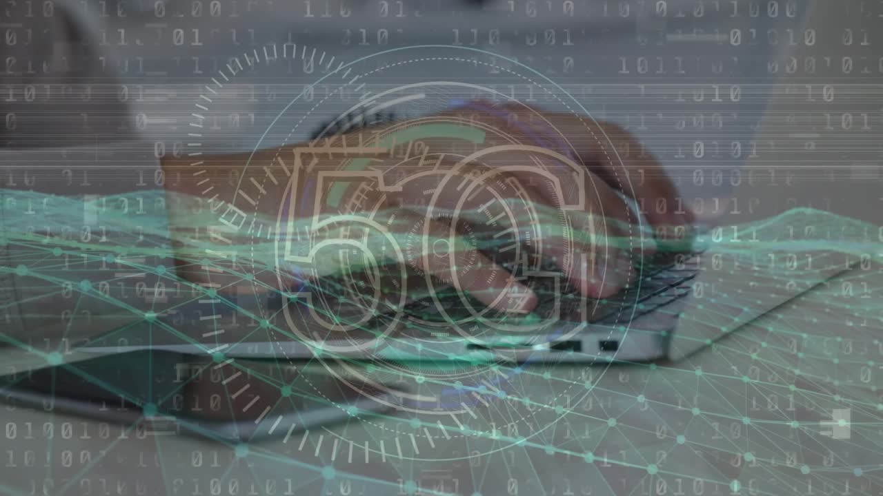 Animation of 5g text over round scanner and digital waves over mid section of man using laptop