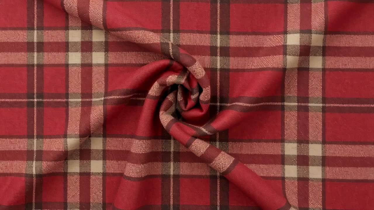 Tightening after initial twist, red tartan swirl deepening central knot on flat tabletop with folds