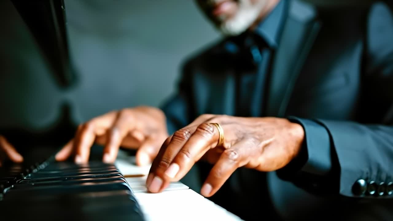 A man in a tuxedo playing a piano