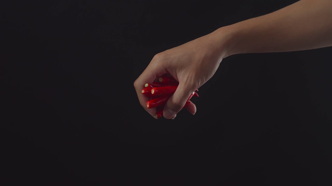 은 고추 를 들고 있는 손