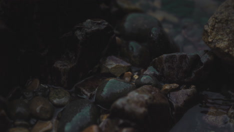 Closeup-of-grey-and-brown-tan-pebbles-rocks-with-jagged-edges-as-clear-water-fills-around