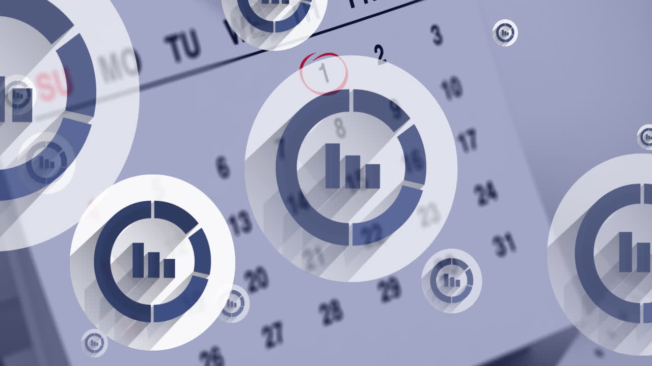 animación de iconos de diagrama flotando sobre el calendario y el bolígrafo