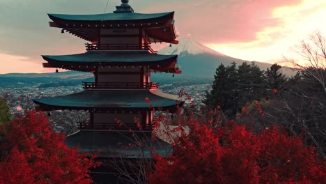 a cinematic shot of chureito pagoda bathed in the warm hues of sunset, surrounded by the vibrant red leaves of peak autumn.