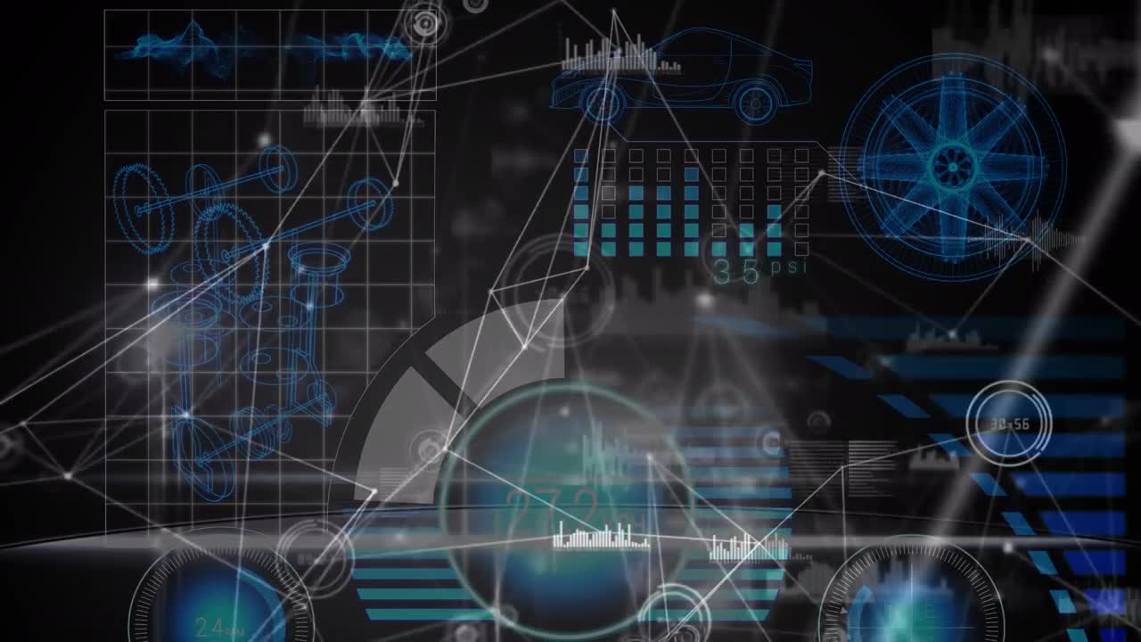 블랙 디지털 화면에 연결과 다양한 데이터의 애니메이션