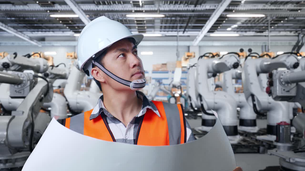 로 팔 을 가진 공장 에서 설계 계획 을 검토 하는 엔지니어
