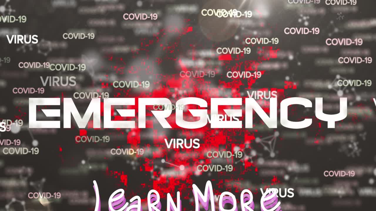 Learn more and emergency text with biohazard symbol against covid-19 texts and molecular structures