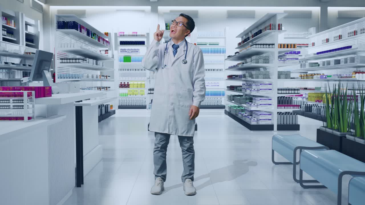 Figura intera di un medico asiatico con stetoscopio che pensa a qualcosa e si guarda intorno, poi alza l'indice in farmacia
