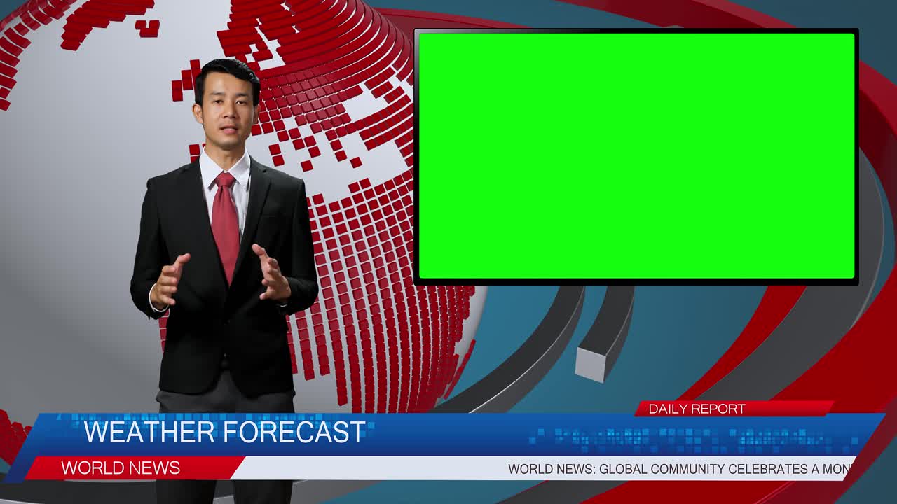 Live News Studio With Male Anchor Reporting On The Weather Forecast, Video Story Show Green Chroma Key Screen Placeholder Copy Space.Television Newsroom Channel With Professional Presenter