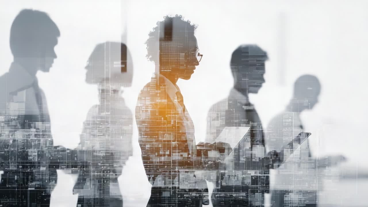 A seamless blend of professional collaboration and technology showcases a diverse group of individuals immersed in their tasks, emphasizing productivity and innovation in a modern workplace environment