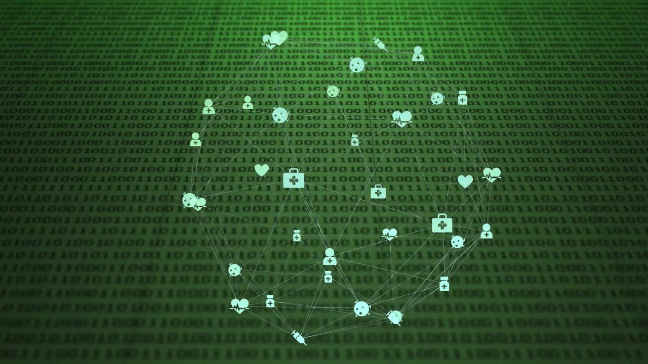 Softly fading data icons drifting inward and forming circular network on binary code background