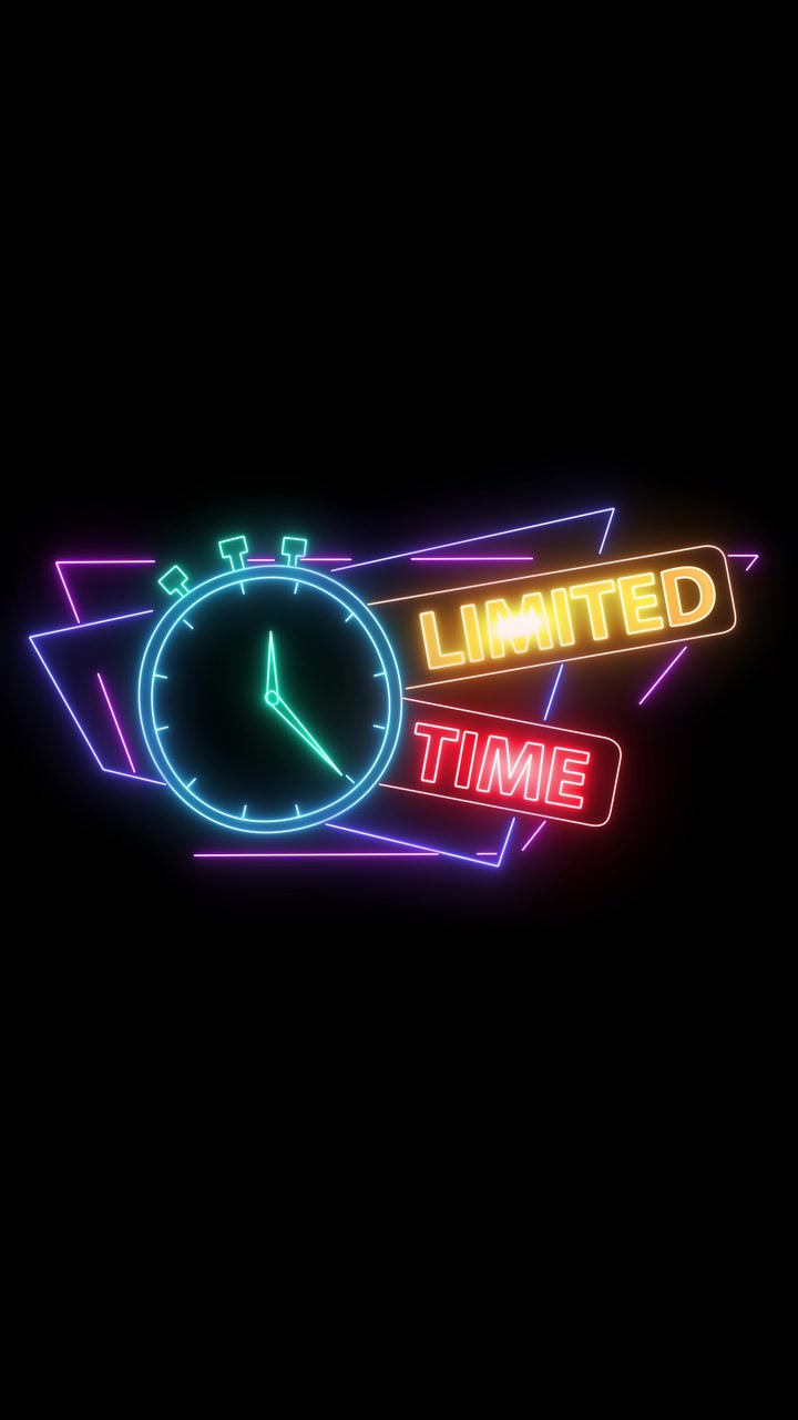 Glowing neon sign displays limited time text beside an animated stopwatch on black background