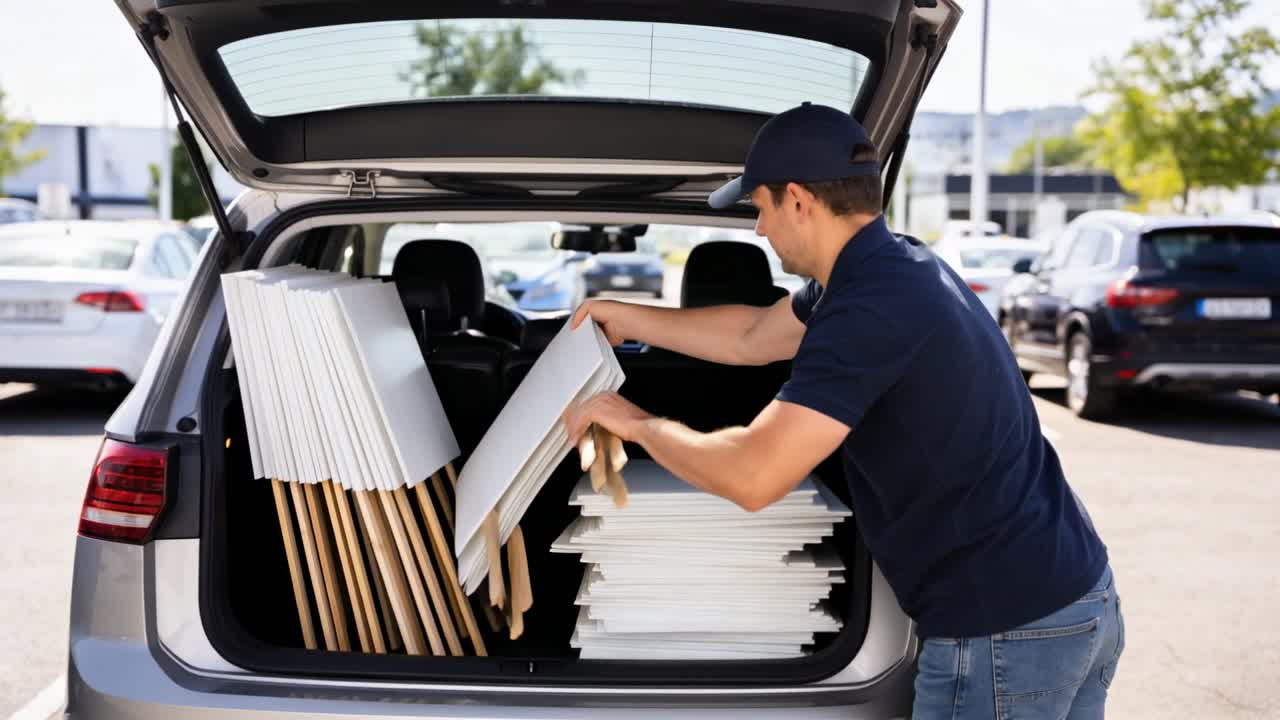 Homem notando um fardo inclinado, vestindo uma camisa polo azul-marinho, empilhando placas com estacas na porta traseira de um SUV, com espaço para texto