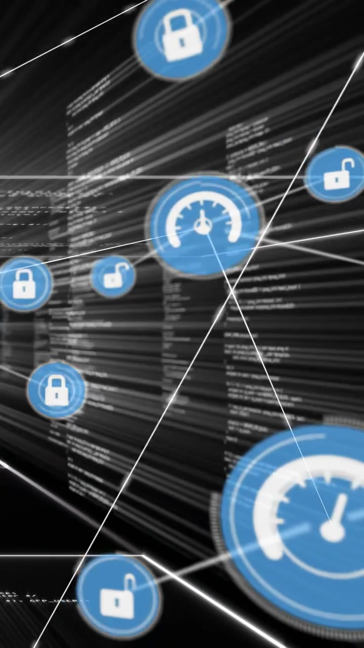 Vertical video: Motion spawning padlocks and gauges, network map linking code columns for security
