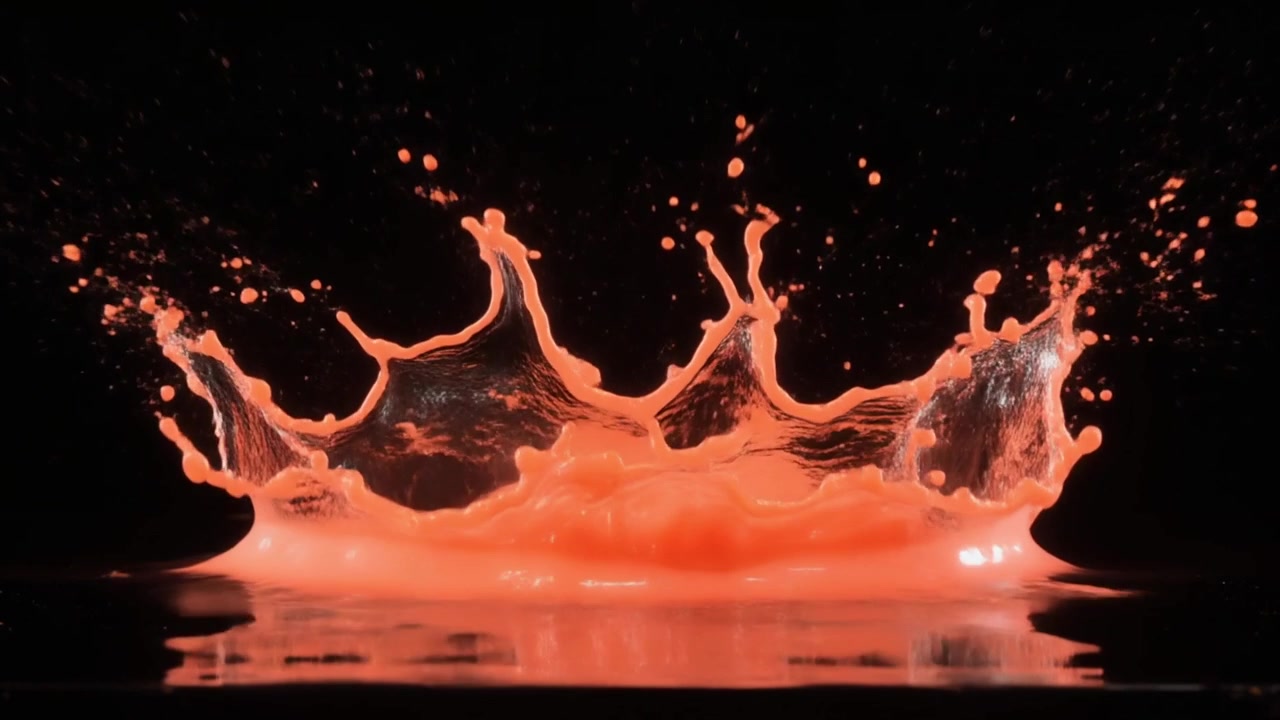 Kroneplask i slowmotion af strålende koralfarvet væske