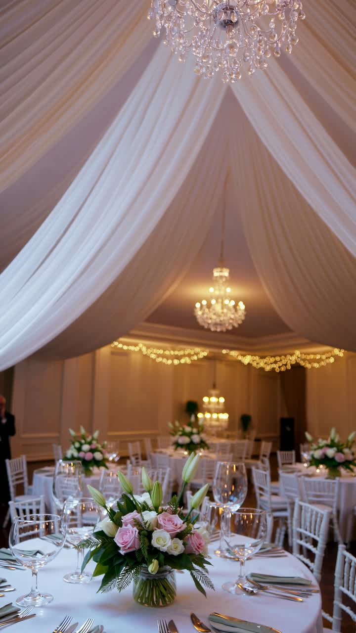Elegant wedding reception setup with floral centerpieces and chandeliers