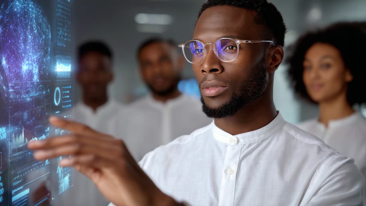 Focused and Innovative Individual Engaged in Advanced Technology Interaction, Analyzing Digital Information, Surrounded by Colleagues in a Modern Office Environment, Displaying Strong Interest in Data Visualization