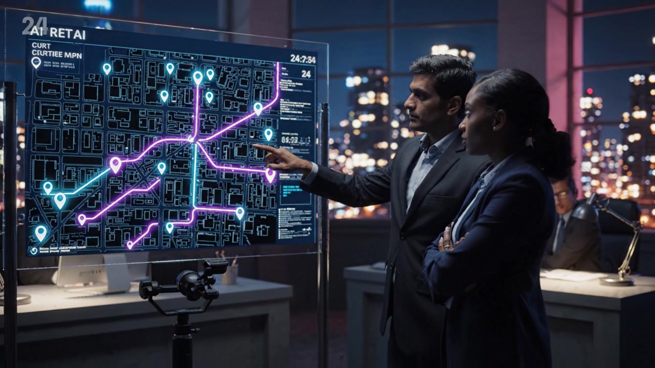 Business professionals analyze a high-tech map interface with AI and data analytics, showcasing city navigation and strategic planning in a modern office environment.