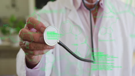 animation of data processing and chemical formula over caucasian male doctor holding stethoscope