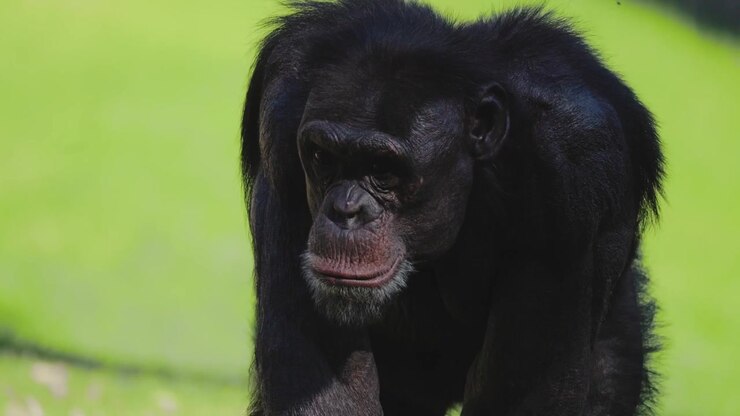 Un bonobo cammina su un'area erbosa in uno zoo durante il giorno
