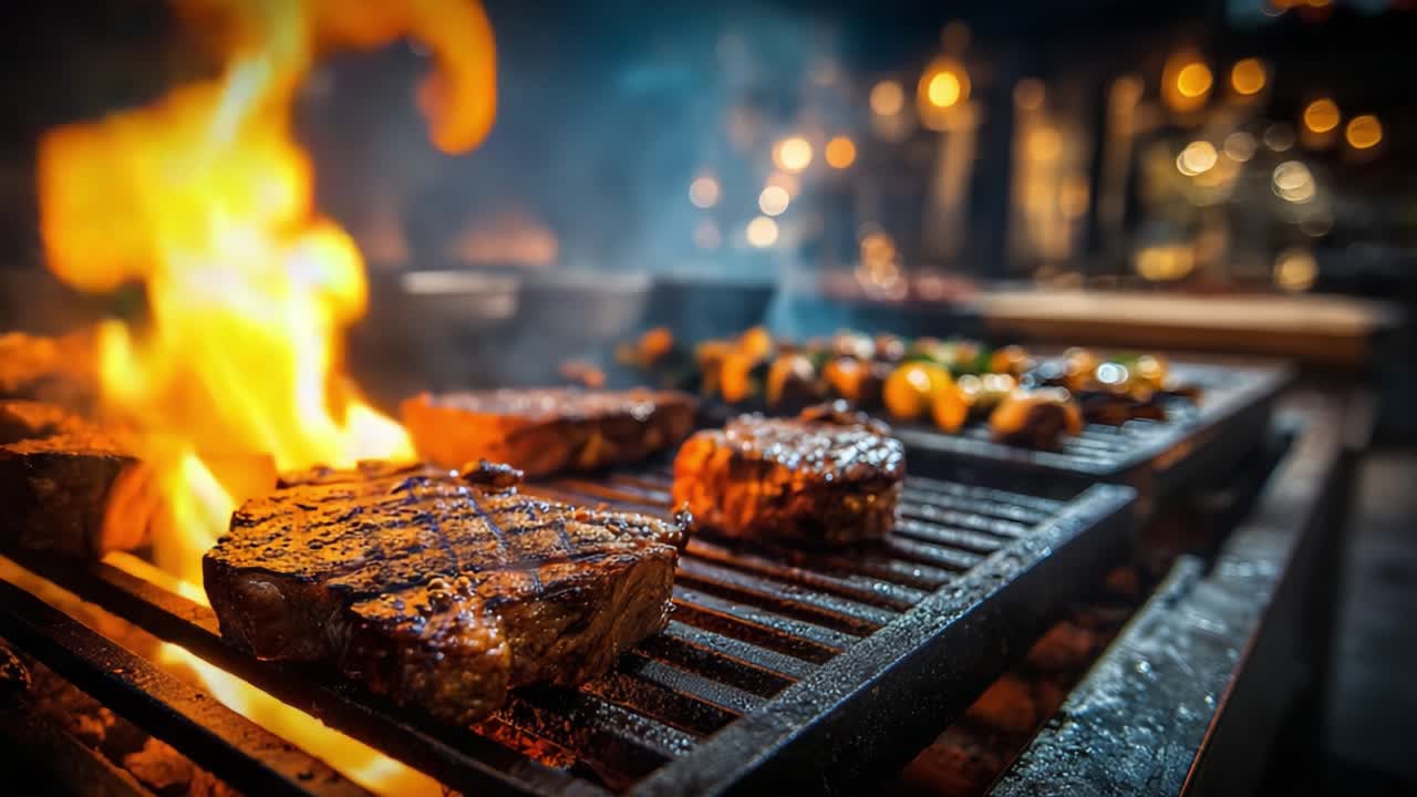 Pengalaman Kuliner Panggangan Sempurna: Steak Mendesis dan Sayuran Berwarna-warni Dipanggang di Atas Api Terbuka, Memenuhi Udara dengan Aroma Menggugah Selera