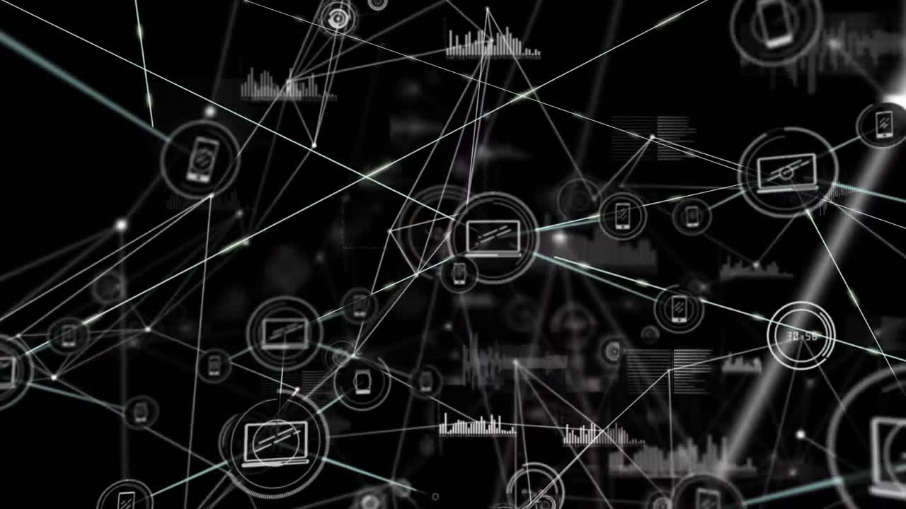 animación de la red de conexiones con iconos en fondo negro