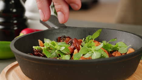preparing roasted mushrooms with herbs