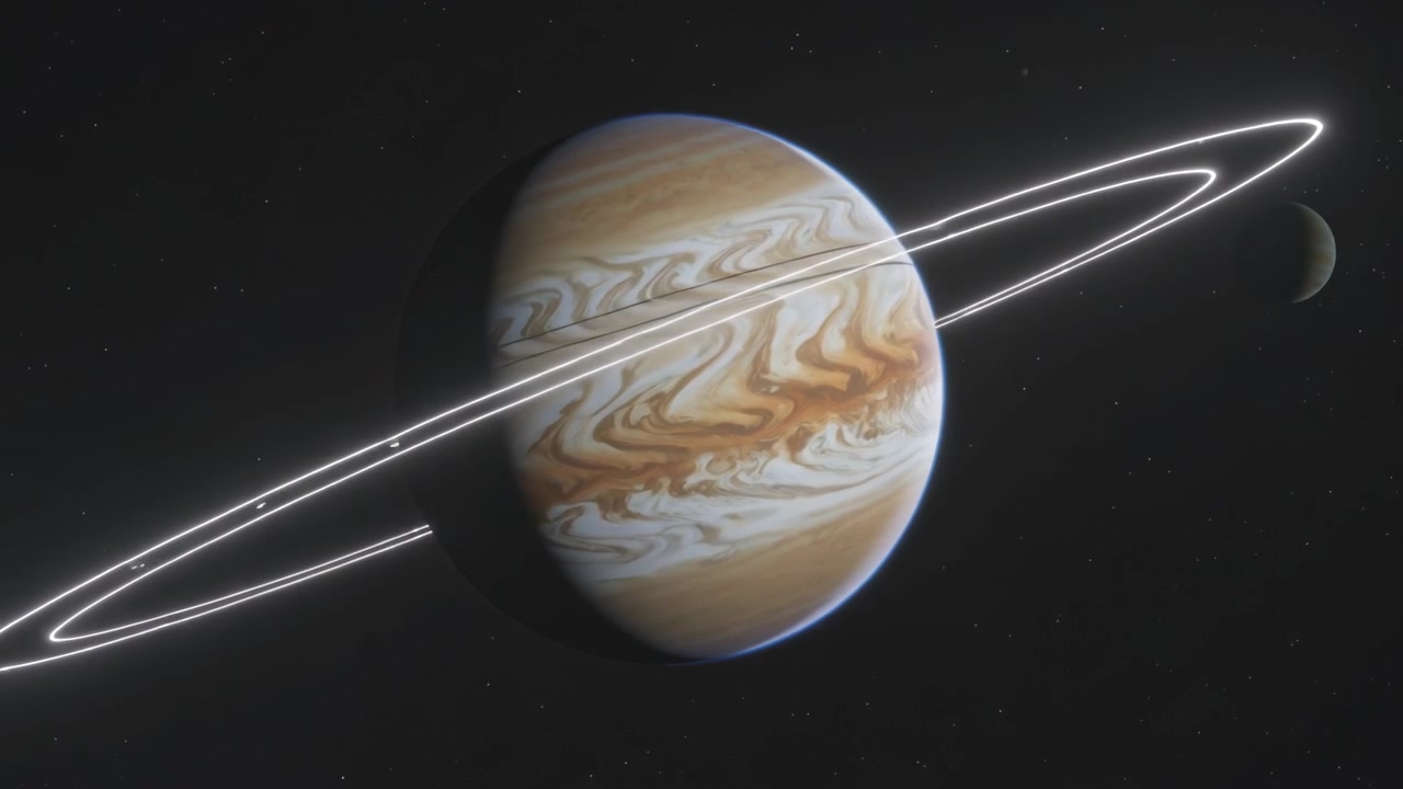 Showing banded gas giant forming tilted rings in space after tracer crossing limb, crescent moon