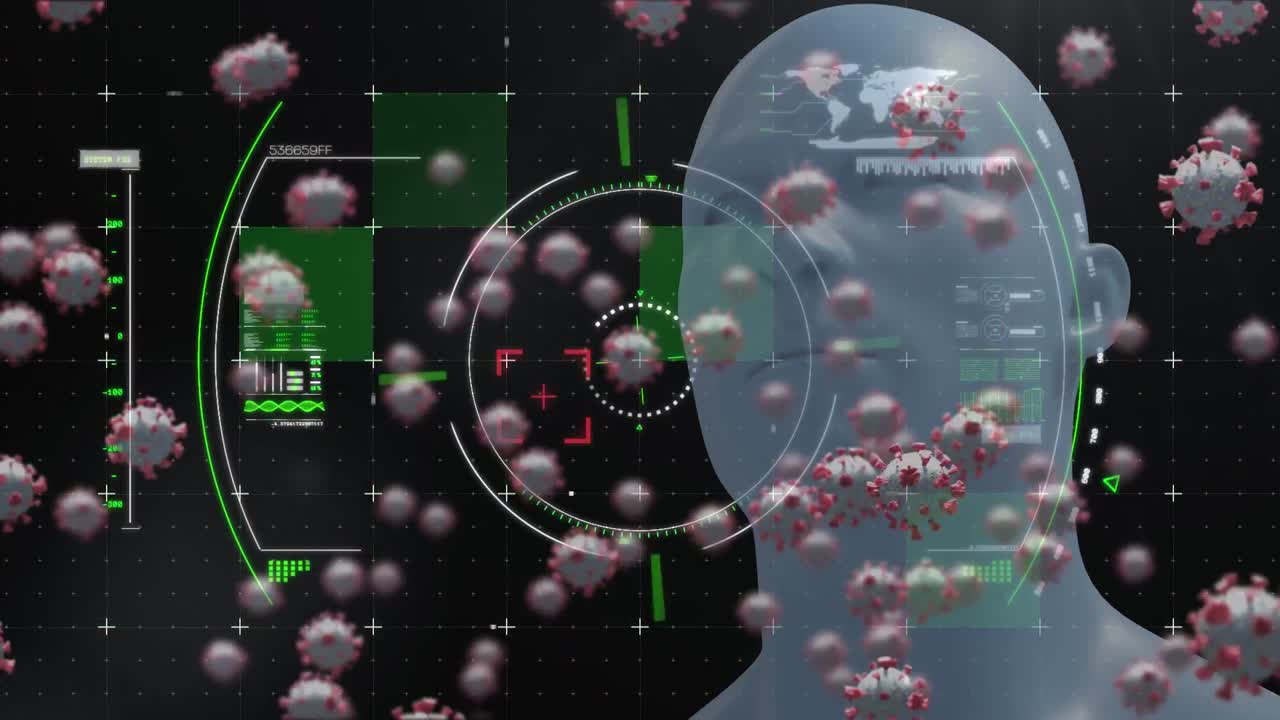 바이러스 세포와 머리에 대한 데이터 처리의 애니메이션