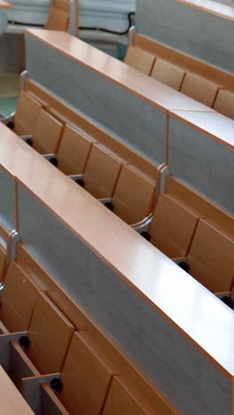 modern desks in lecture hall. rows of long wooden tables with vacant seats in the light auditorium at university. classroom without students. vertical video