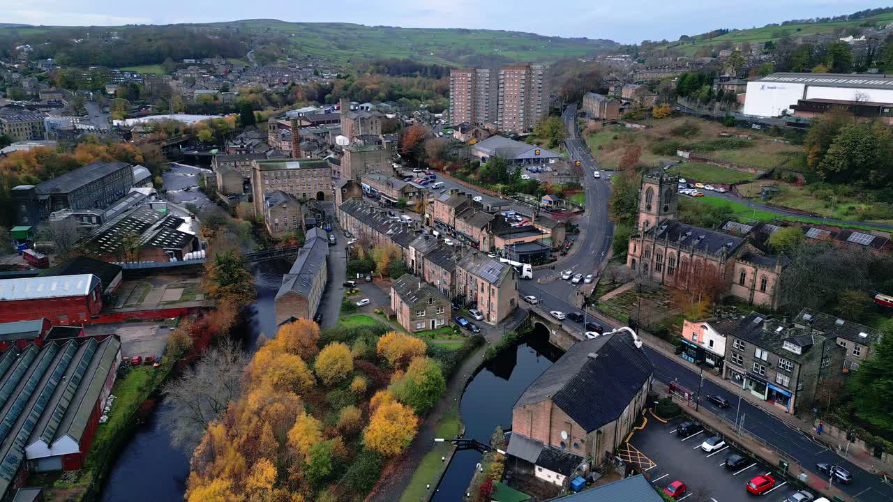 Aerial footage of the market town centre of Sowerby Bridge