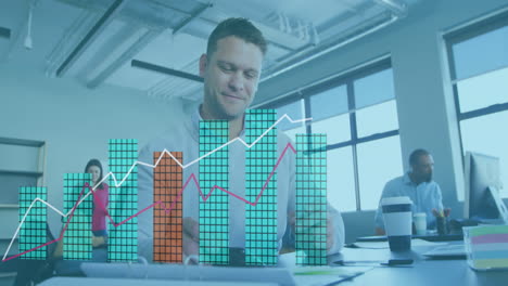 Animation-of-statistical-data-processing-over-biracial-man-smiling-while-using-smartphone-at-office