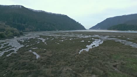 Vista-Aérea-De-Ríos-Congelados-En-Medio-De-Bosques-Verdes-En-Un-Valle-Montañoso