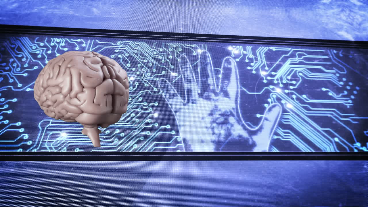 뇌와 컴퓨터 회로판이 화면에