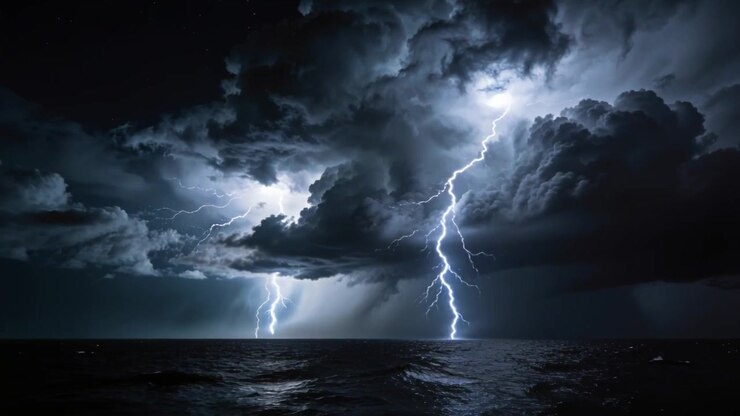Tempesta lampeggiante che scaglia fulmini da nuvole cariche sull'orizzonte dell'oceano, illuminando l'acqua.