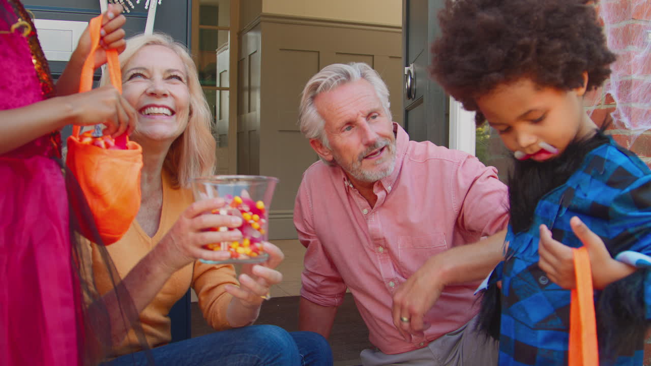 Grandchildren Dressing Up And Visiting Grandparent's House Trick Or Treating On Halloween