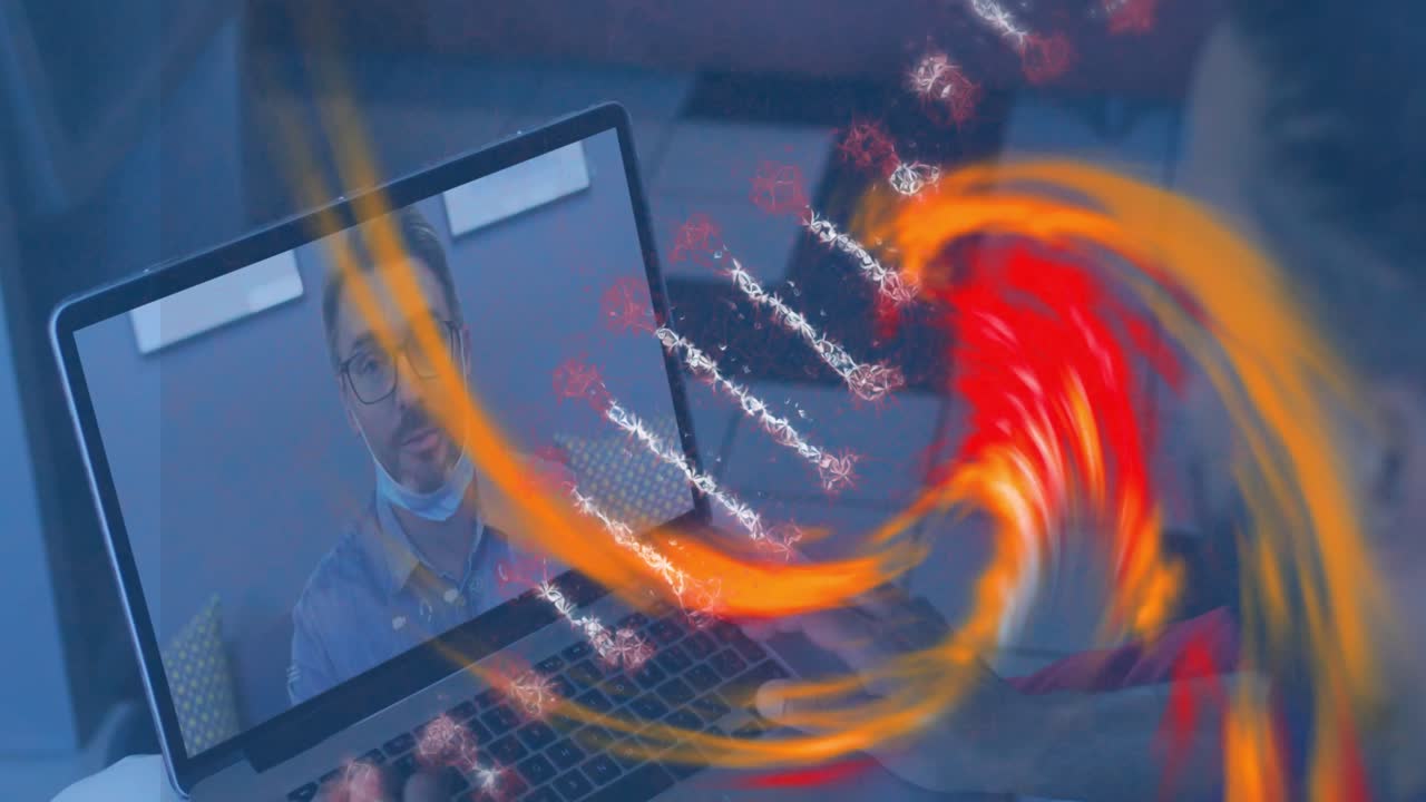 animación de la hélice de adn y el patrón abstracto sobre compañeros de trabajo multirraciales discutiendo en videocall