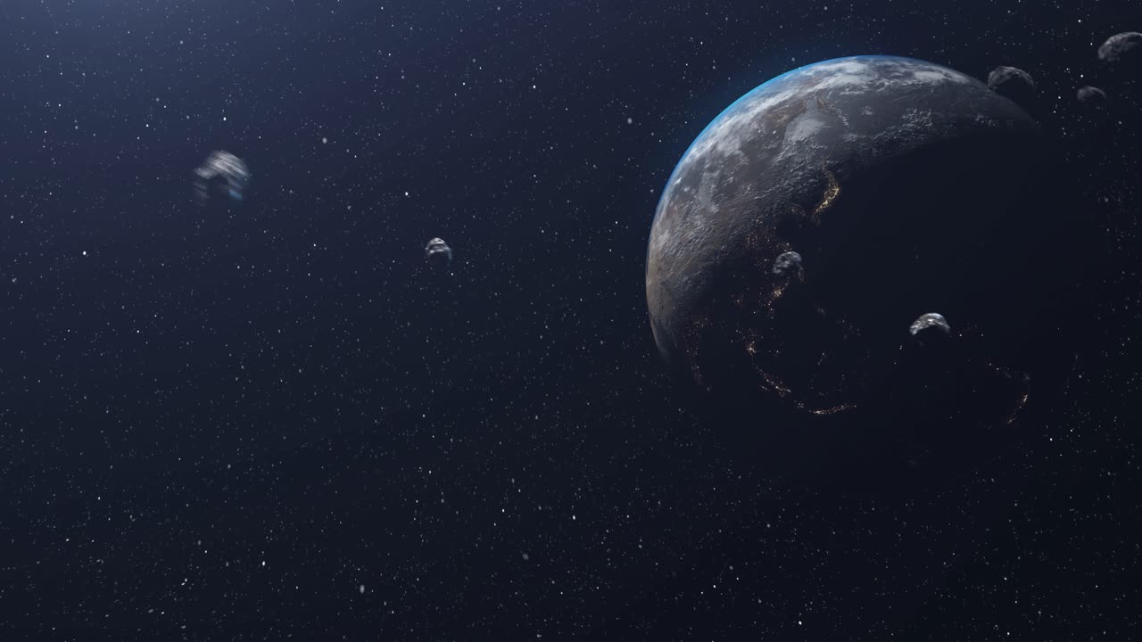 Earth in Outer Space with Asteroids