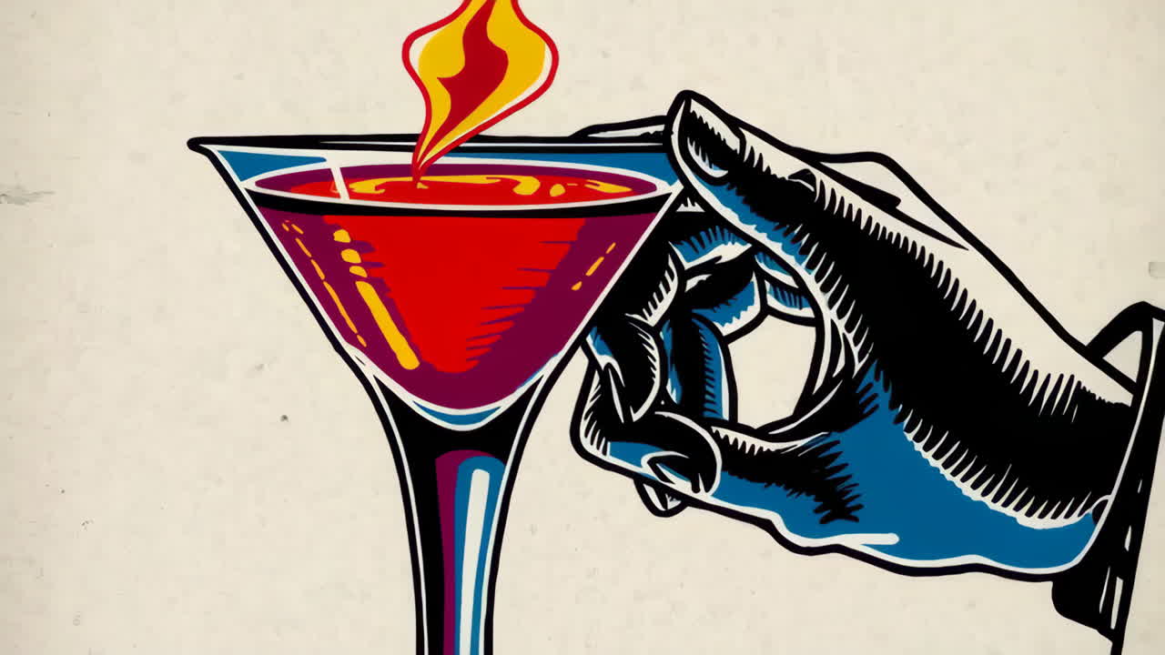 Illustrazione stilizzata di una mano che tiene un cocktail fiammeggiante
