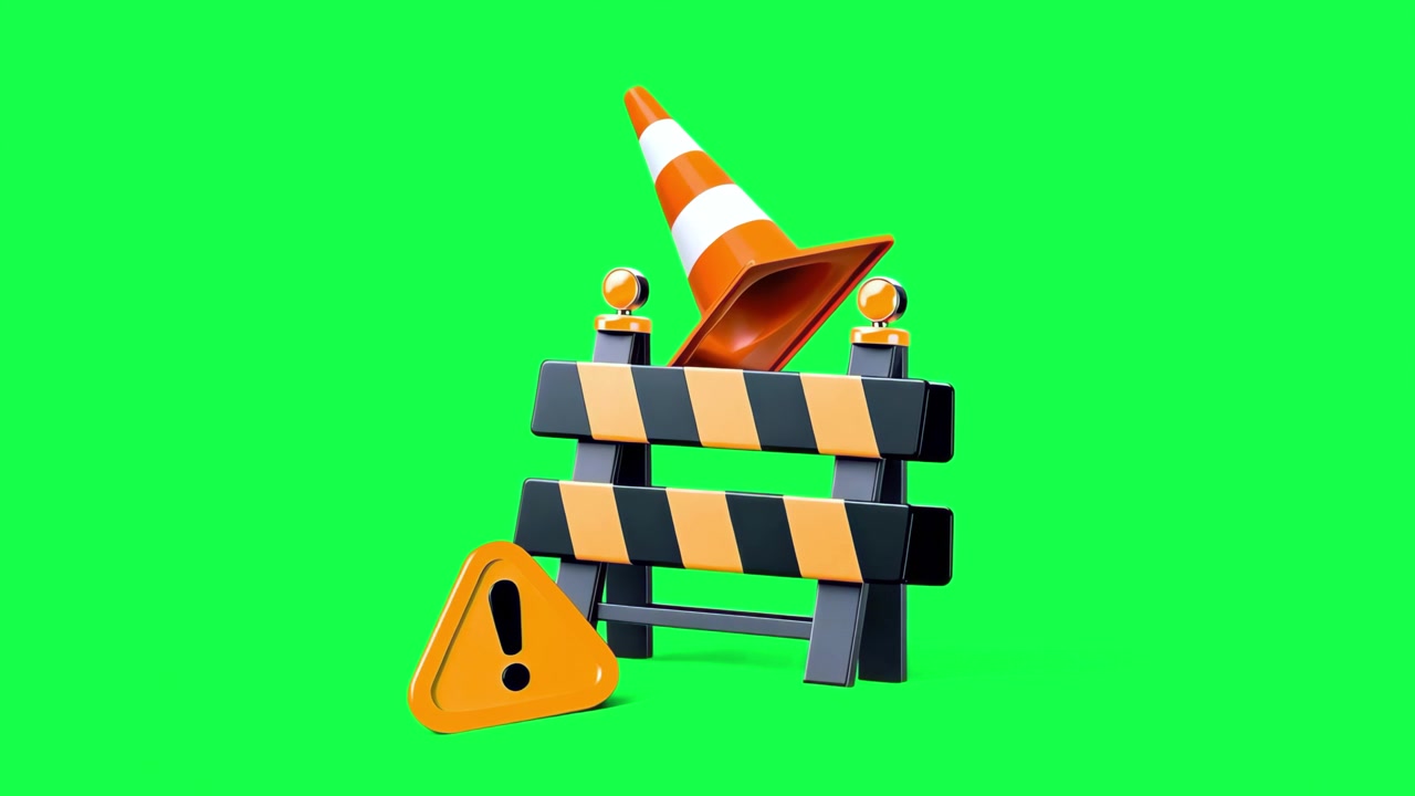 Animated Construction Warning Signs and Barrier on Green Screen