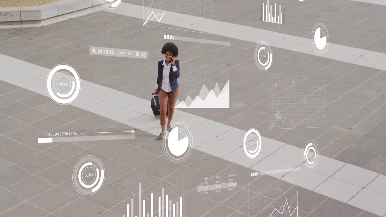 Animation of business data over african american woman using smartphone