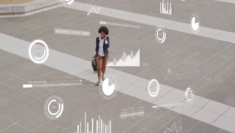 animation of business data over african american woman using smartphone