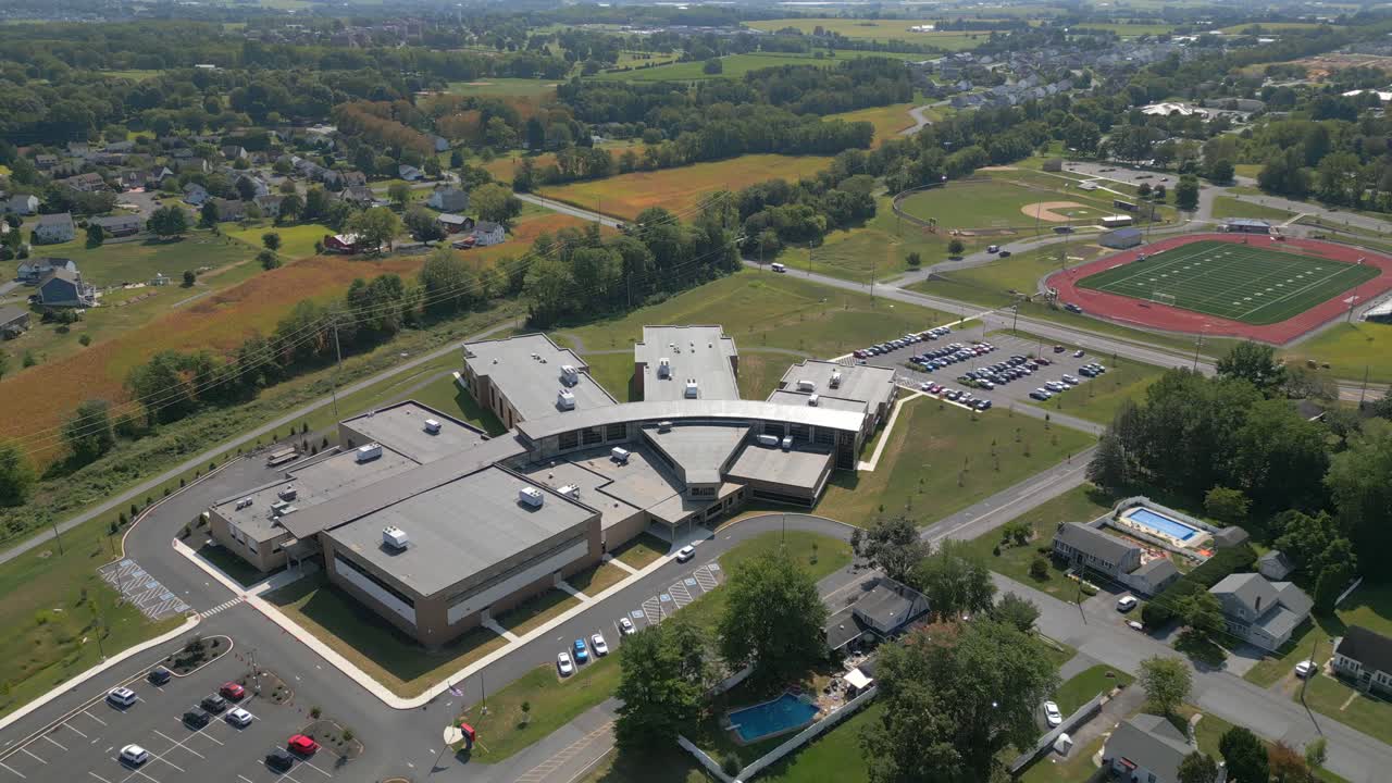 Aerial drone view of school and athletic fields