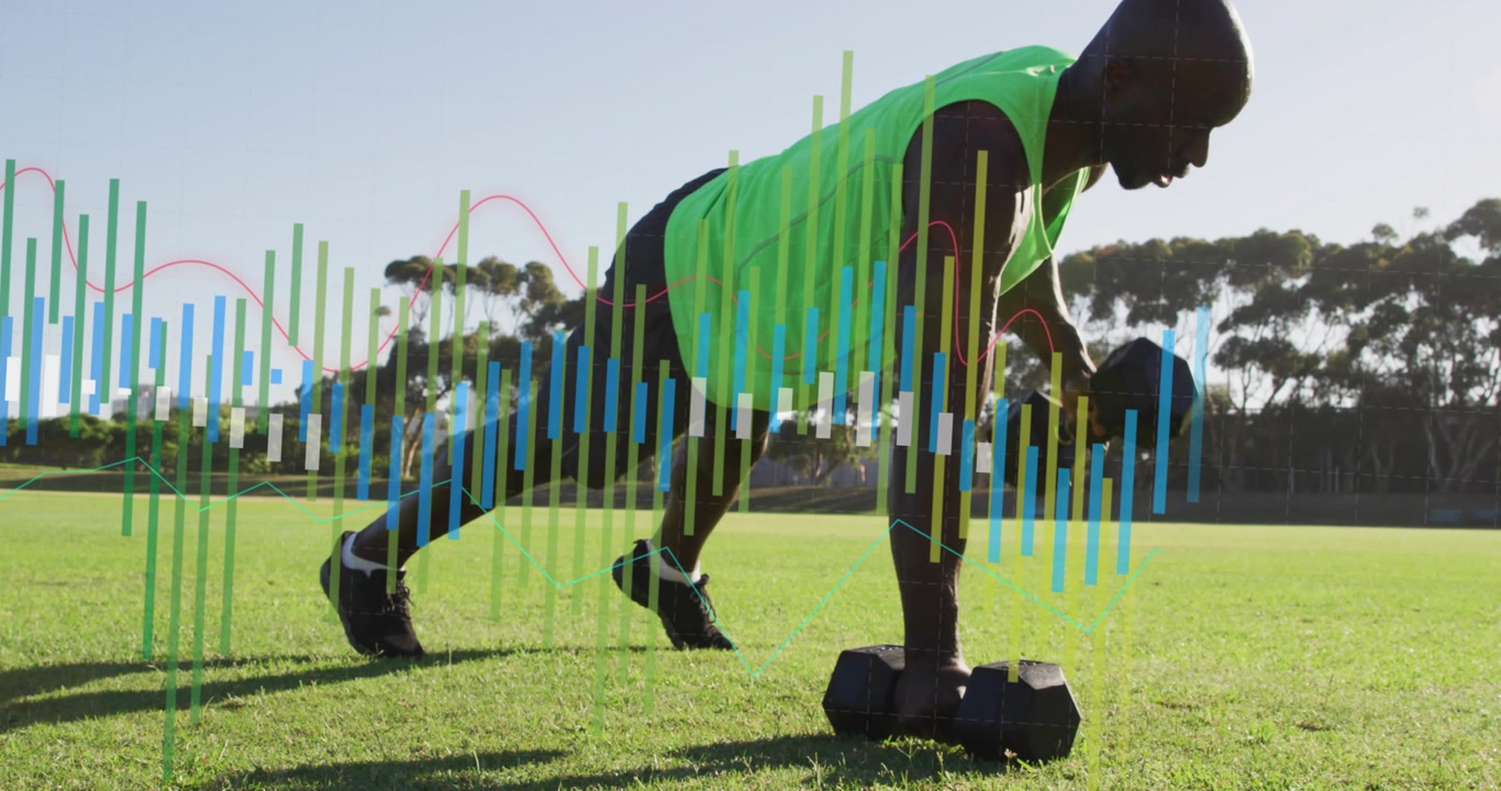 Male athlete starting fitness set, doing dumbbell pushup row on grass with animated bars tracking